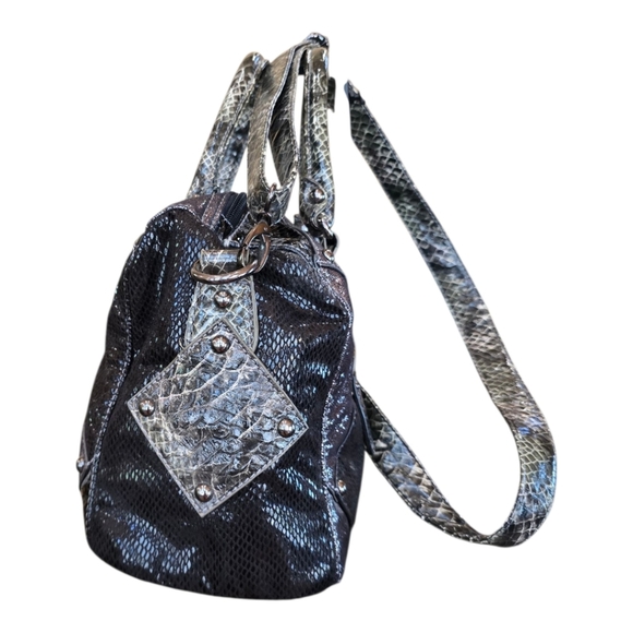Acacia Diamond Stitch Black Pewter Metallic Leather Crossbody Satchel Handbag - Picture 5 of 14